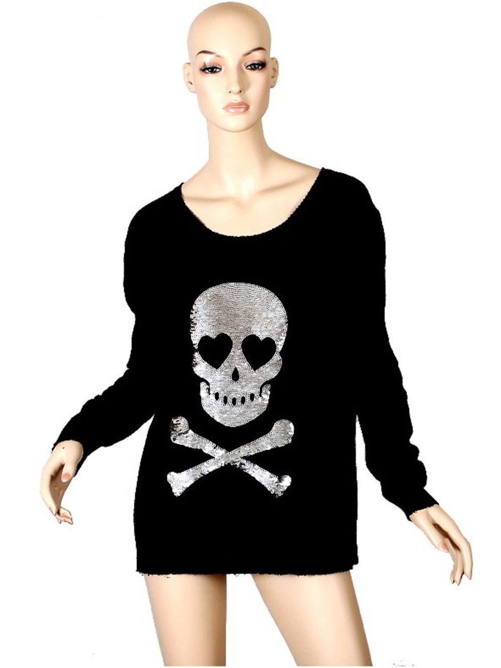 Wildfox Black Crewneck Sweater with Silver Heart-Eye Skull Small